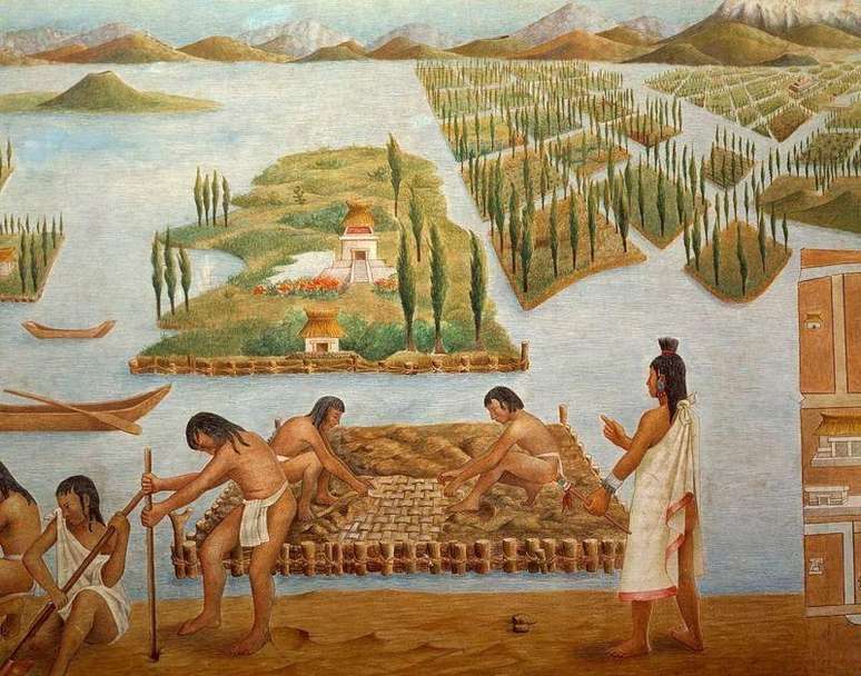 O sistema de 'chinampas' (canteiros flutuantes) de Tenochtitlán aproveitava ao máximo a água do lago para a agricultura