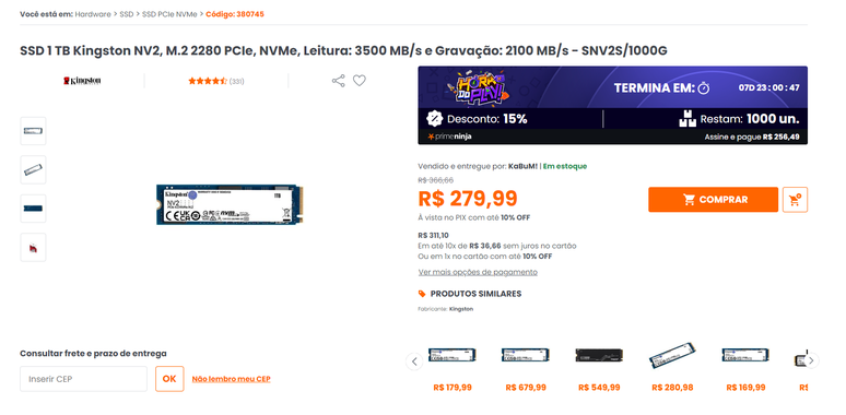 NV2 1TB por R$ 279,99