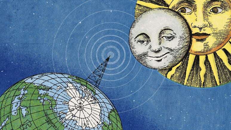 ilustração da terra, com uma antena, além do sol e da lua