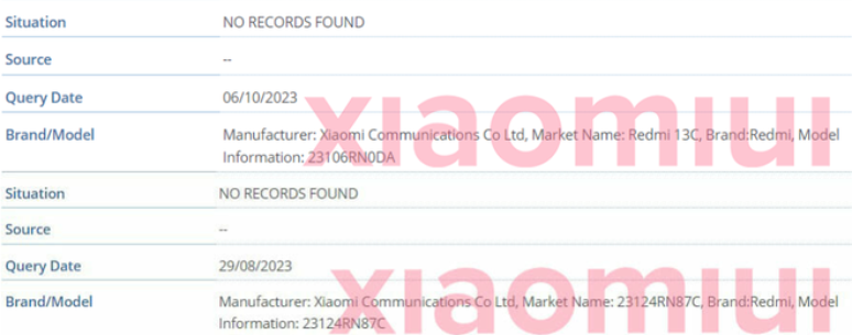 Registros com os números de modelo dos Redmi 13C (cima) e Redmi 13C 5G (baixo) (Imagem: Xiaomiui)