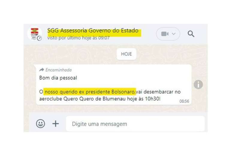 Mensagem da Secretaria-Geral de Governo (SGG) de Santa Catarina enviada pelo WhatsApp, que chamava Bolsonaro de “nosso querido”