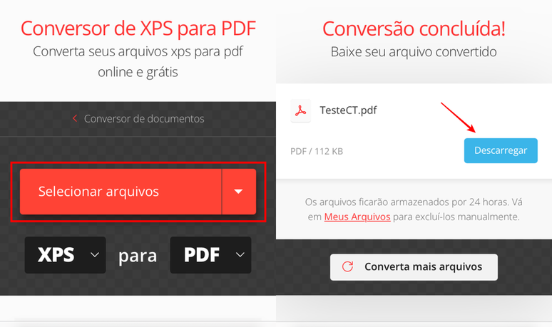 É possível transformar um ou mais arquivos XPS em PDF no Convertio (Imagem: Captura de tela/Fabrício Calixto/Canaltech)