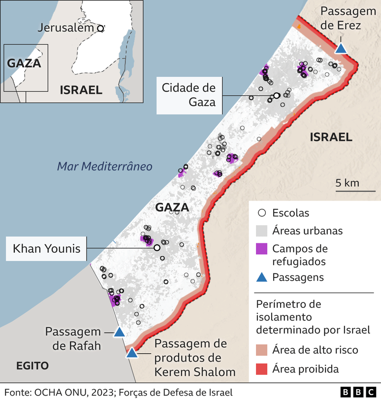 Mapa de escolas em Gaza