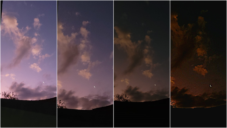 Imágenes de la Luna junto a Júpiter tomadas con el móvil, a la misma hora antes del amanecer, con diferentes ajustes de cámara.  Tenga en cuenta que la luna y el sol parecen tener el mismo tamaño en el cielo, por lo que pruebas como esta muestran el tamaño del eclipse en nuestras imágenes (Imagen: Daniele Cavalcanti)