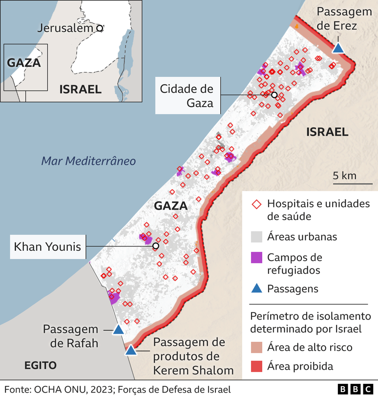 Mapa de hospitais em Gaza