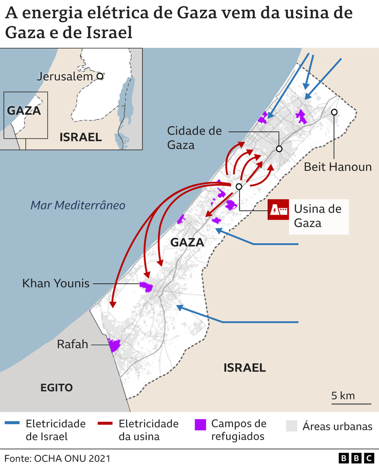 Mapa energia elétrica em Gaza