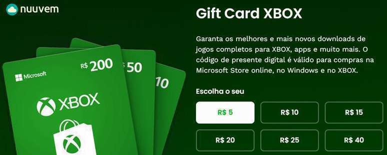 Xbox - Cartão Presente Digital 5 Reais - PC - Compre na Nuuvem