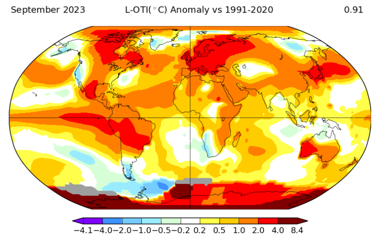 Mapa de temperatura global de setembro 2023 divulgado pela Nasa: chocante