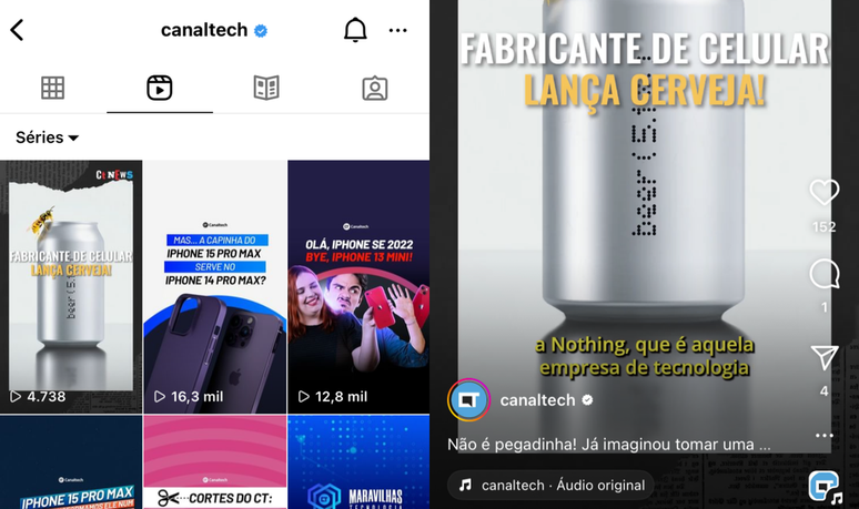 Você pode usar o Instagram para hospedar vídeos no feed, no Reels e nos stories (Imagem: Captura de tela/Fabrício Calixto/Canaltech)