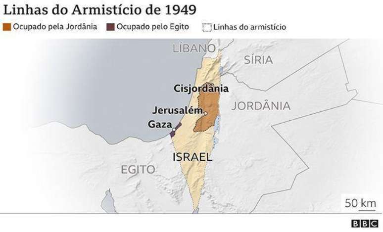 Mapa mostra linhas do armistício de 1949 na Palestina 