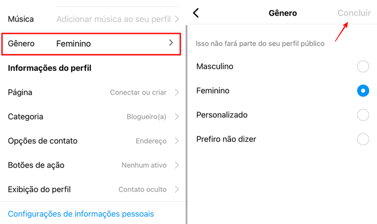 É possível alterar o gênero no perfil da Instagram ou ocultá-lo (Imagem: Captura de tela/Fabrício Calixto/Canaltech)