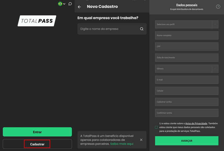 Como fazer o cadastro no TotalPass pelo celular (Imagem: Captura de tela/Guilherme Haas/Canaltech)