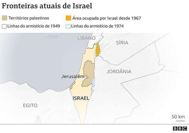 Mapa mostra fronteiras atuais de Israel