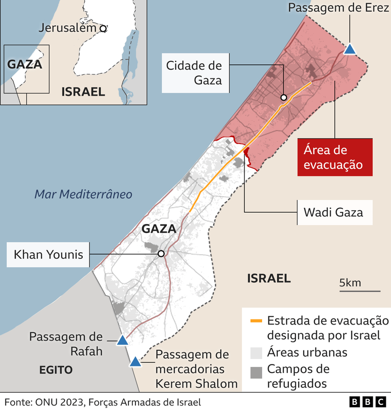 Mapa mostra rota de evacuação em Gaza