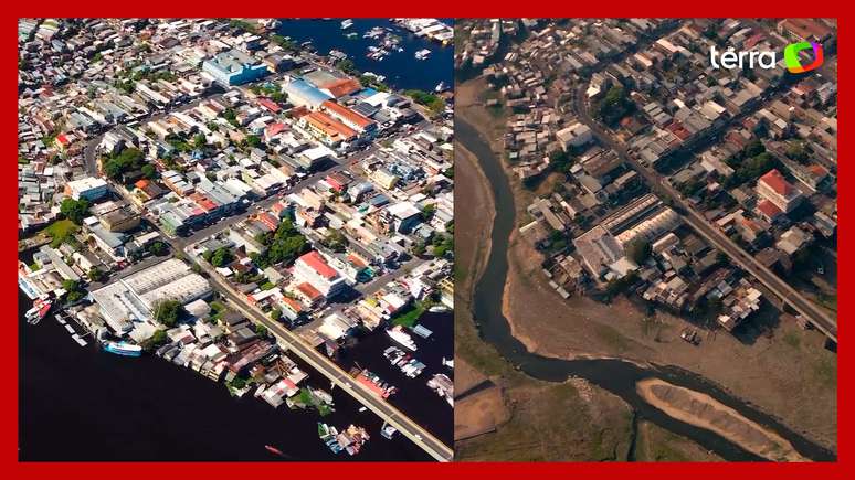 Imagens de drone mostram antes e depois da seca no Rio Negro, no Amazonas