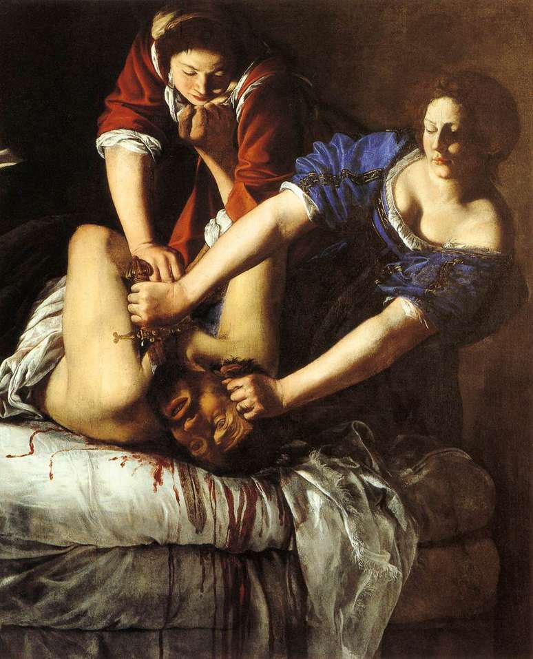 Artemisia Gentileschi. Judite decapitando Holofernes, Composi&ccedil;&atilde;o precisa ressaltando for&ccedil;a e determina&ccedil;&atilde;o feminina. /