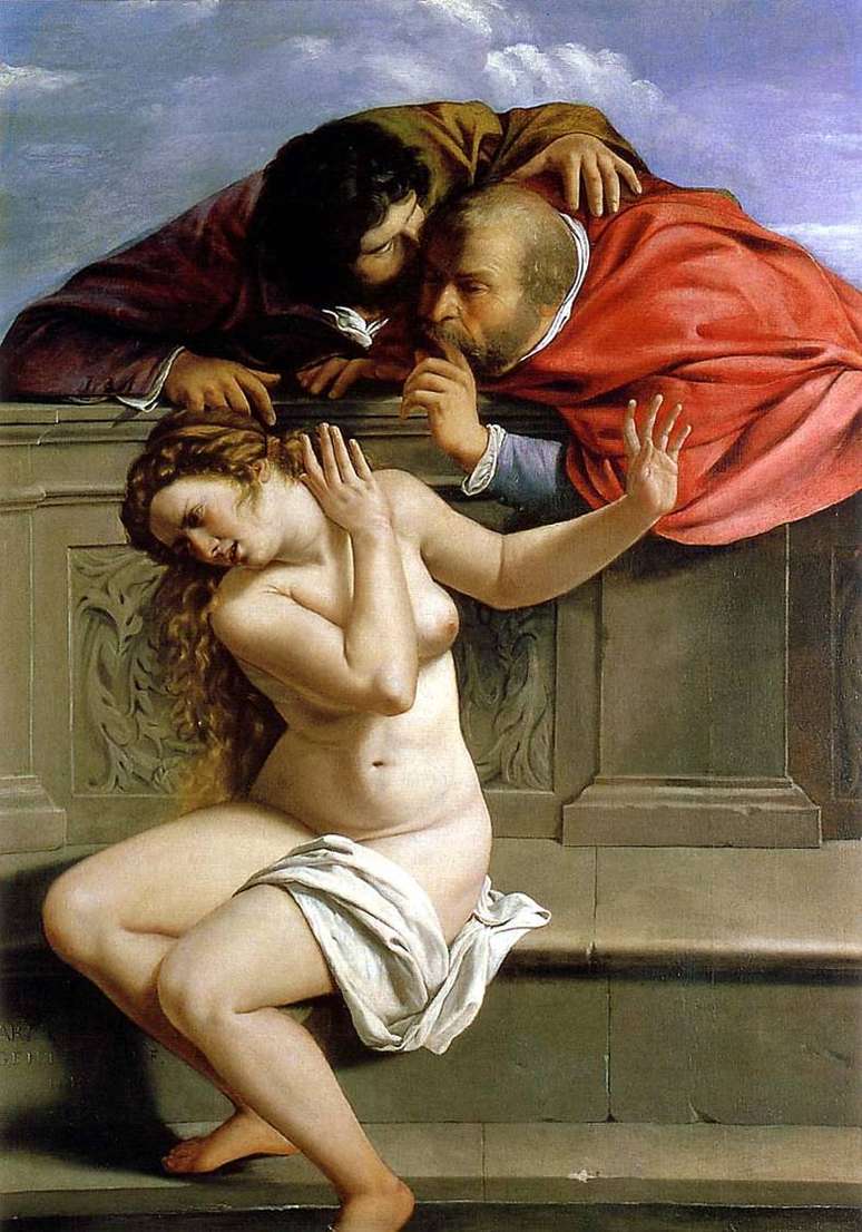 Artemisia Gentileschi, Suzana e os anci&atilde;os, dom&iacute;nio e sensualidade ao retratar o corpo feminino. Collezione Graf von Sch&ouml;nborn, Alemanha.