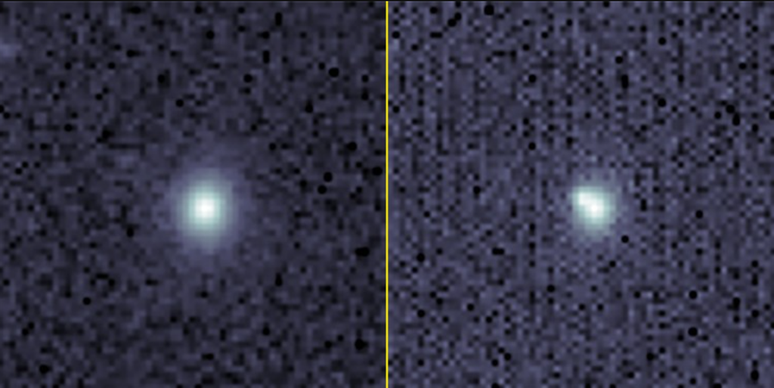 À esquerda, uma imagem da galáxia onde a supernova SN2023tyk ocorreu; à direita, a região da galáxia onde houve a explosão, agora com formato distorcido (Imagem: Reprodução/Legacy Surveys/D. Lang (Perimeter Institute) for Legacy Surveys layers and unWISE/NASA/JPL-Caltech/D. Lang (Perimeter Institute))