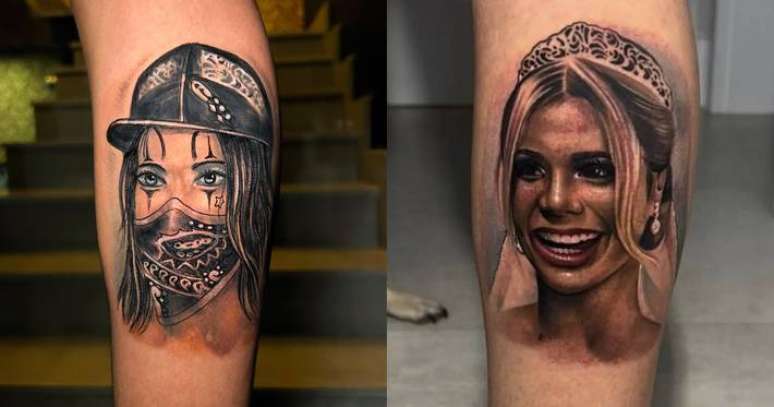 À esquerda, tatuagem coberta do rosto de Lexa, feita na panturrilha de MC Guimê. à direita, como era a tattoo em fevereiro de 2022