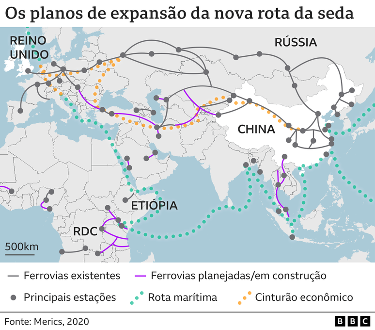 Mapa mostra planos de expans&atilde;o do projeto chin&ecirc;s