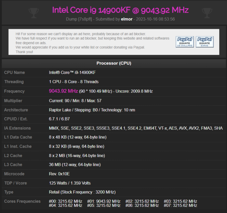 O i9-14900K já chega de fábrica com um clock alto de 6,0 Ghz em turbo boost (Imagem: Captura de tela/Felipe Vidal/Canaltech)