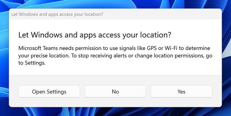 Una nueva notificación de Windows te avisa cuando una aplicación quiere acceder a tu ubicación y red Wi-Fi (Imagen: Reproducción/Microsoft)