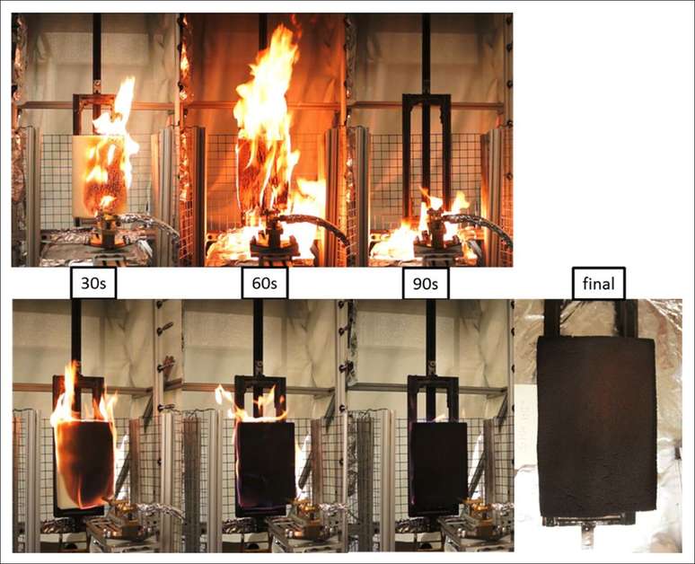 Amostra de como o poliuretano reage com e sem a aplicação de retardantes de chama — o problema é que, com o impacto na natureza e a falta de estudos sobre o assunto, não vale a pena continuar usando esse tipo de produto (Imagem: NIST/Domínio Público)