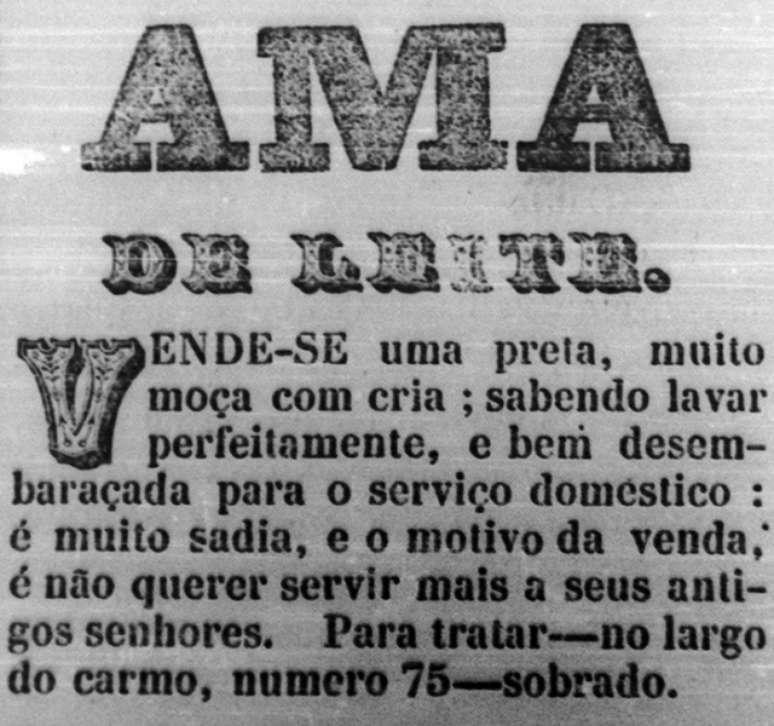 Anúncio de venda de ama de leite no jornal. Foto: São Paulo Antiga