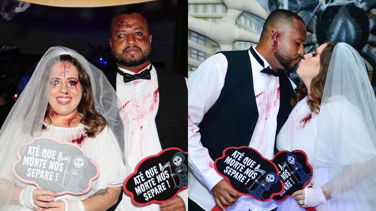 In matching costumes, Tati Machado and her husband exchange kisses at a party
