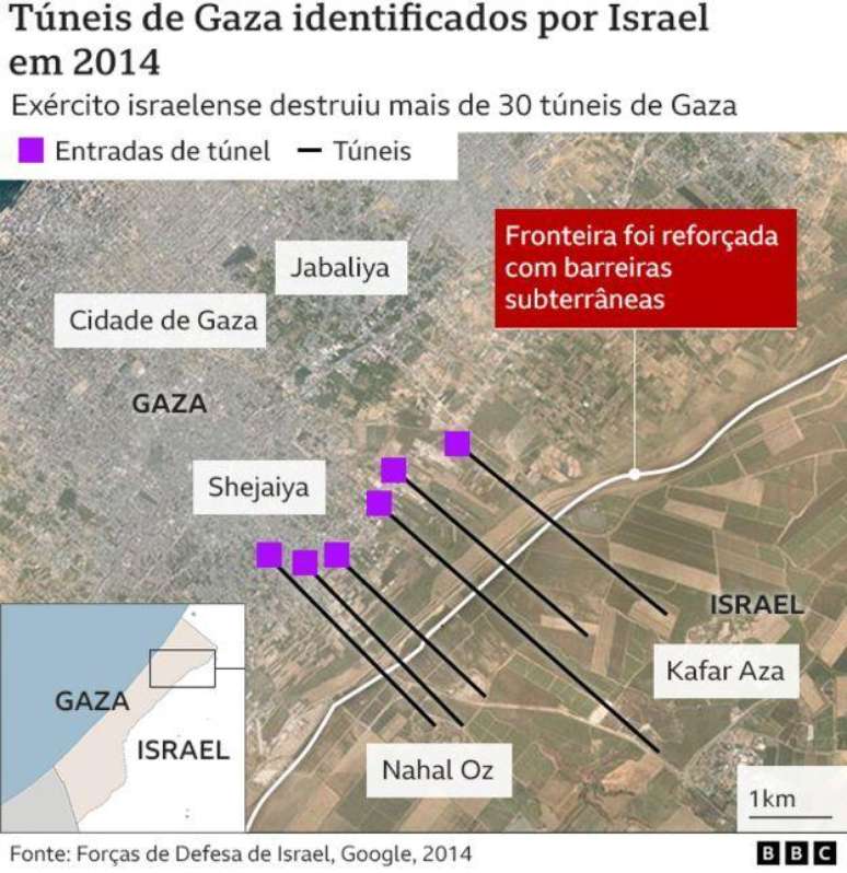 Foto de satélite mostra pontos dos túneis que teriam sido identificados por Israel