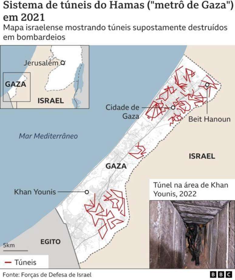 Mapa de Gaza com marcações de onde seriam túneis