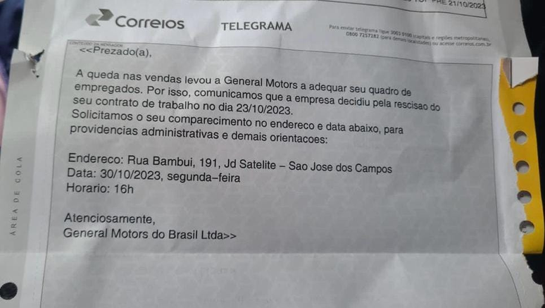Telegrama enviado pela GM, de acordo com o Sindicato 