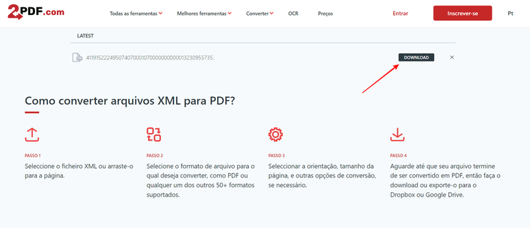 O 2pdf.com permite converter XML para PDF em poucos cliques ou toques (Imagem: Captura de tela/Fabrício Calixto/Canaltech)
