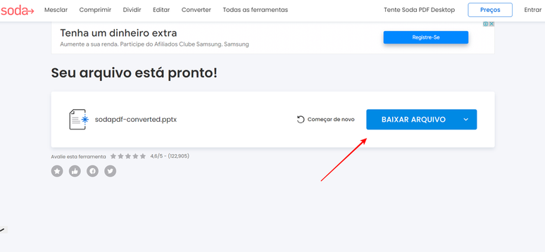 É possível modificar um arquivo PDF para PowerPoint usando o site Soda PDF (Imagem: Captura de tela/Fabrício Calixto/Canaltech)