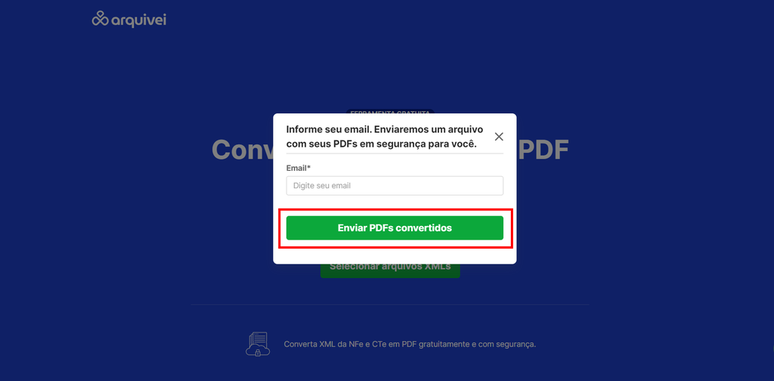 O diferencial do Arquivei é transformar um arquivo XML para PDF e enviar no e-mail do usuário (Imagem: Captura de tela/Fabrício Calixto/Canaltech)