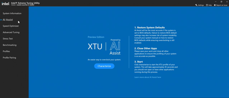 AI Assist para overclock do Intel XTU na 14ª geração de processadores