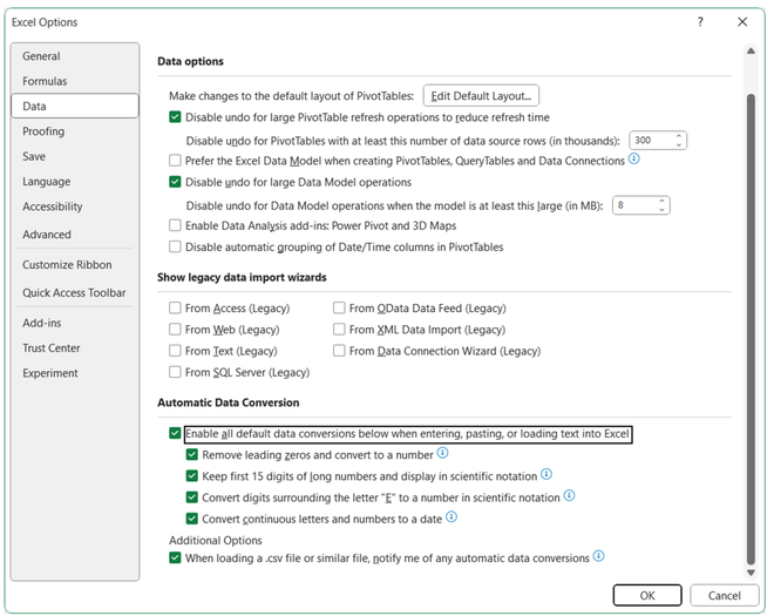 Excel agora inclui controles para a ferramenta de conversão automática de dados (Imagem: Reprodução/Microsoft)