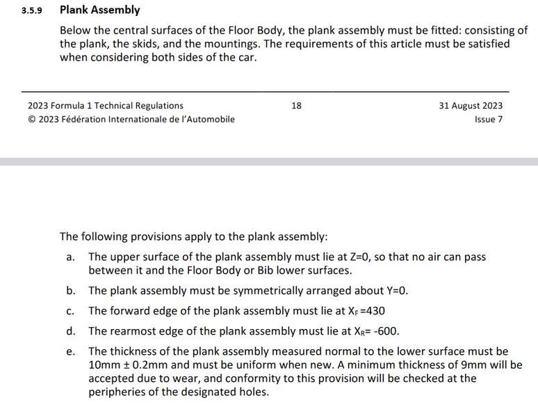 Item do Regulamento Técnico da F1 que fala da espessura da prancha - letra e