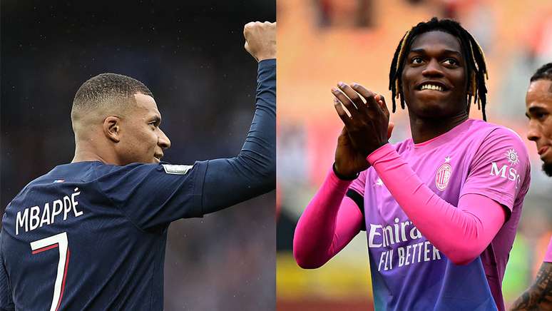 Mbappé e Rafael Leão são os principais nomes de PSG e Milan, respectivamente – Fotos: Franck Fife/AFP via Getty Images e Piero Cruciatti/AFP via Getty Images