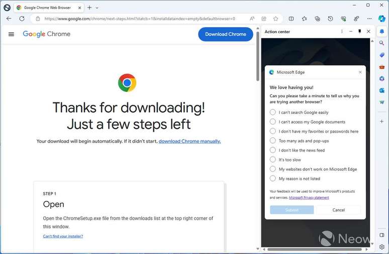 Formulário no Edge ao instalar o Chrome registrado pelo Neowin (Imagem: Reprodução/Neowin)