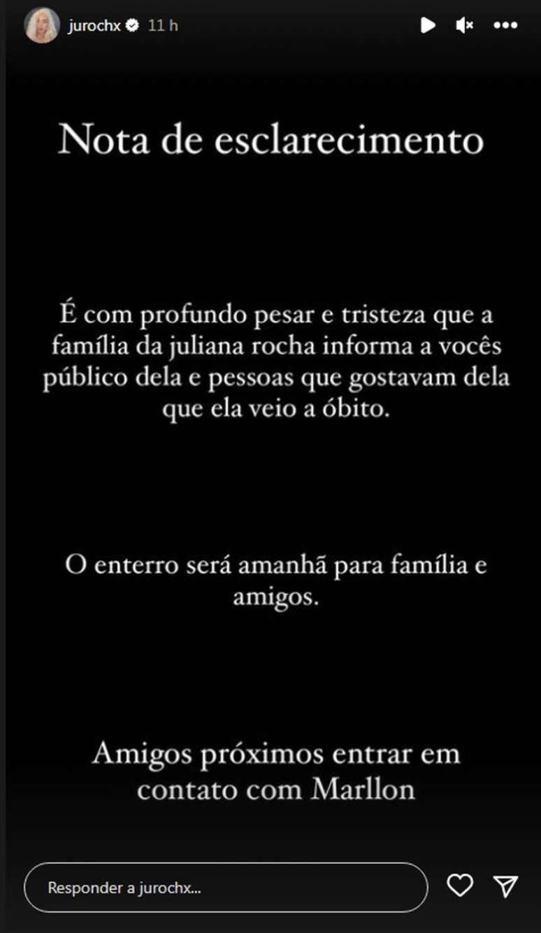 Perfil oficial de Juliana Rocha anunciou morte da maquiadora.