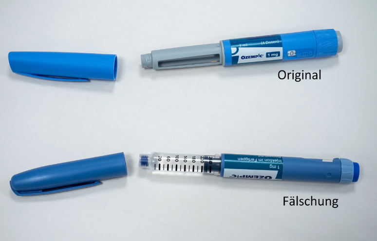 Comparação entre as canetas injetáveis; acima está a original, da Novo Nordisk, abaixo, a versão falsa