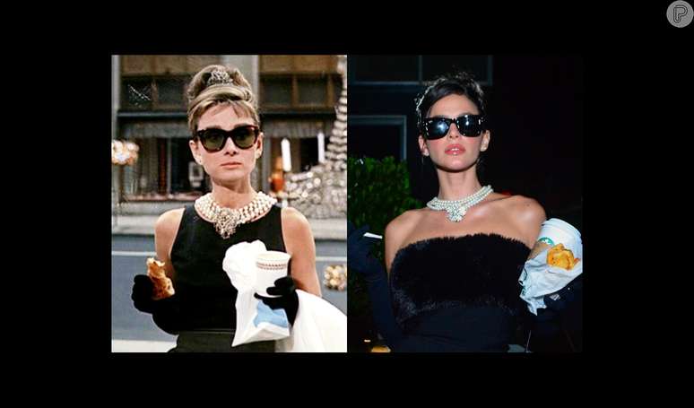 Bruna Marquezine encarna Audrey Hepburn em festa de Halloween ao apostar em look composto por vestido míni preto, fazendo referência ao filme 'Bonequinha de Luxo'.