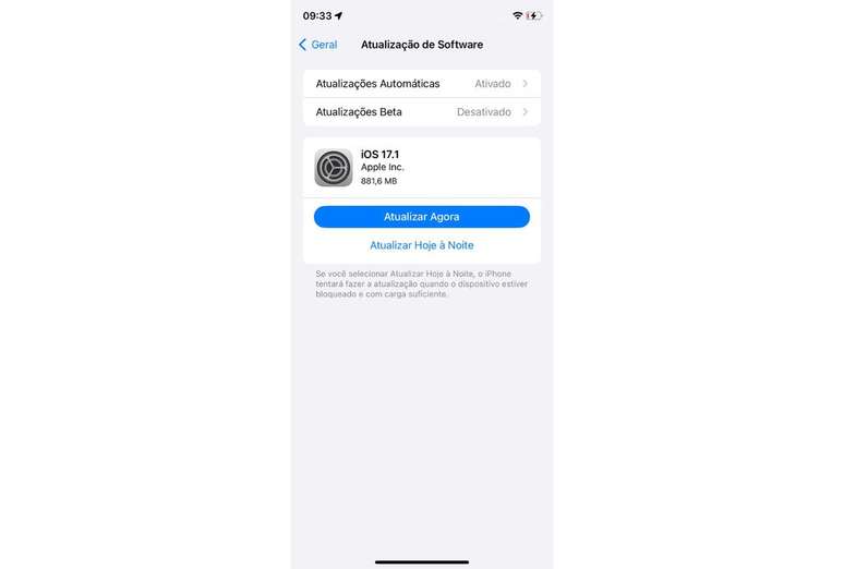 iOS 17.1 já está disponível nos iPhones compatíveis (Imagem: Reprodução/Apple)