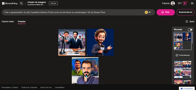 É possível acessar o Bing Image Creator para criar fotos no estilo Disney Pixar com inteligência artificial (Imagem: Captura de tela/Fabrício Calixto/Canaltech)