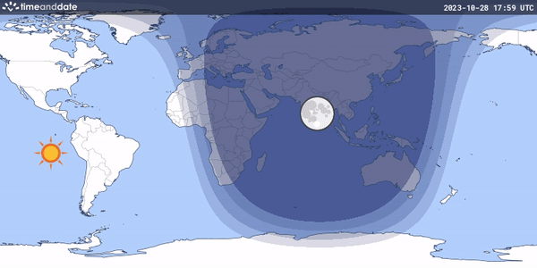 Animação mostra os lugares onde o eclipse lunar parcial será visto por completo (Imagem: Reprodução/timeanddate.com)