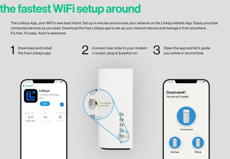 Velop Pro 7 utiliza configuração intuitiva que promete demorar menos de 10 minutos graças a aplicativo proprietário da Linksys.(Imagem: Linksys / Reprodução)