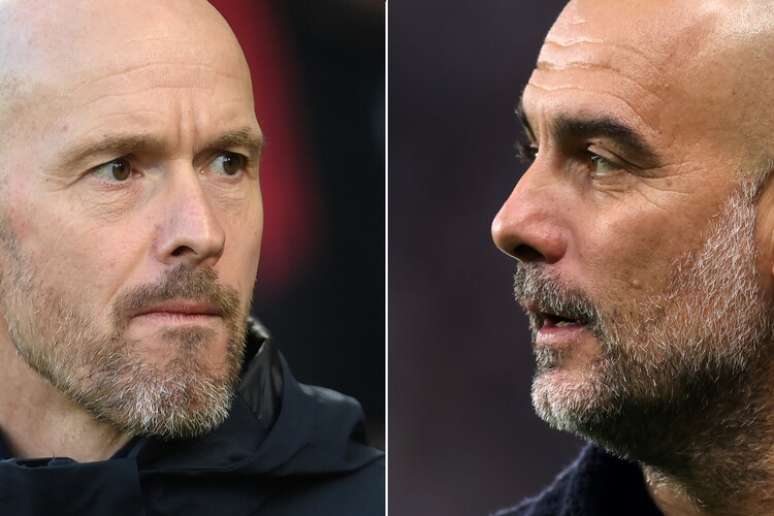 Clássico de Manchester testará os técnicos Erik ten Hag e Pepe Guardiola – Fotos: Mike Hewitt e George Wood /AFP via Getty Images
