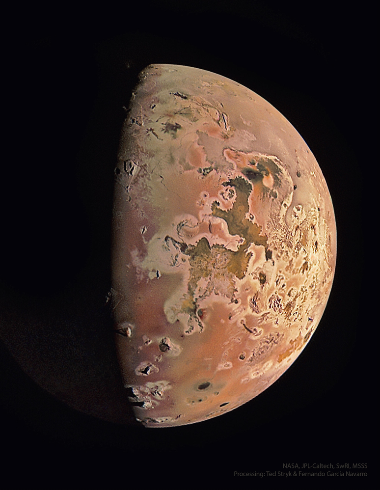 Lua Io registrada pela sonda Juno (Imagem: Reprodução/NASA, JPL-Caltech, SwRI, MSSS; Processing & Copyright: Ted Stryk & Fernando García Navarro)