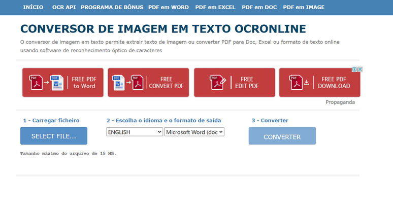 Quem não quiser instalar aplicativos para converter PDF em texto, pode acessar o Online OCR (Imagem: Captura de tela/Fabrício Calixto/Canaltech)